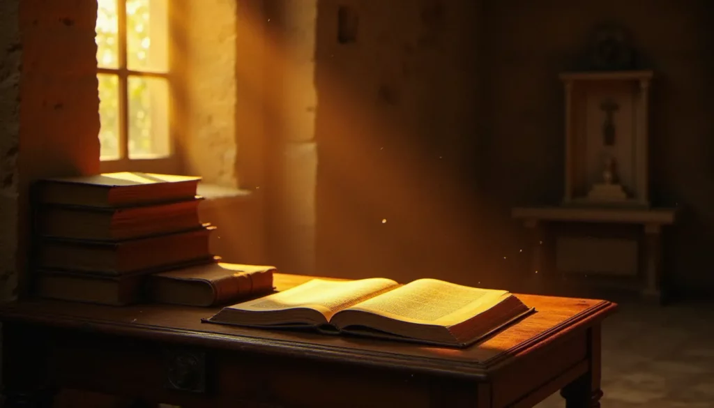 Une salle de lecture monastique éclairée à la lampe dorée avec des livres ouverts empilés sur un bureau en bois, évoquant la richesse spirituelle de la littérature de 1987