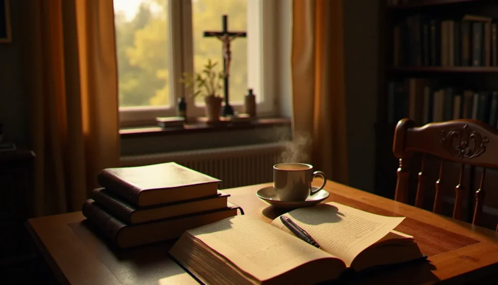 Coin de lecture contemplatif avec des livres ouverts de 1991 en littérature, un carnet de notes manuscrites et une lumière dorée sur une table en bois