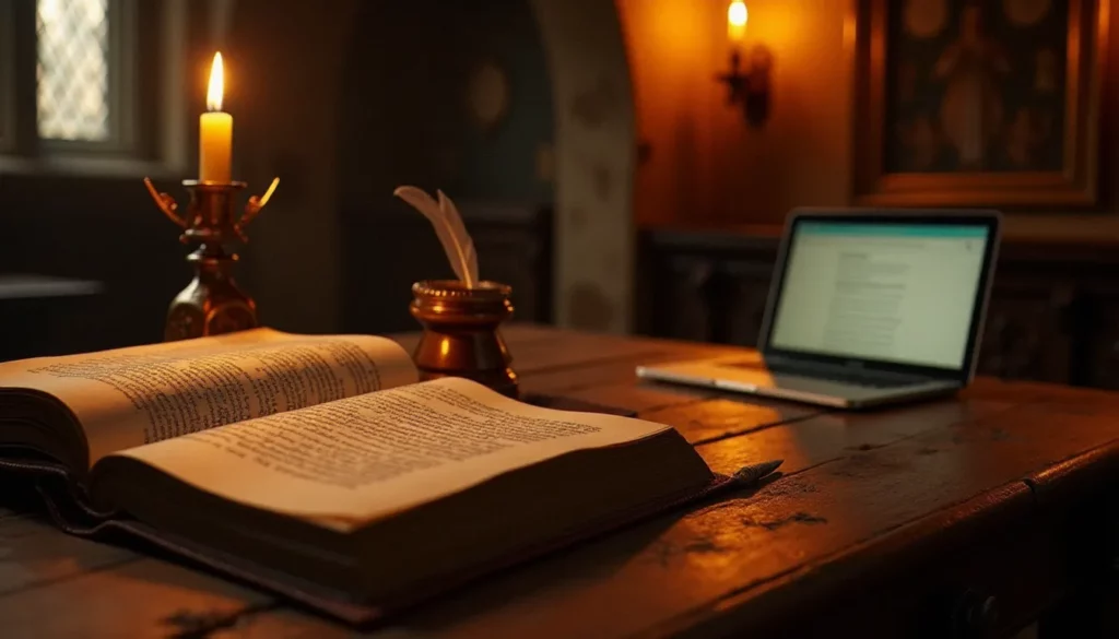 Bureau de lecture monastique avec un livre ancien ouvert sous la lumière d'une bougie, évoquant la rencontre entre tradition spirituelle et ressources lexicales comme le centre national de ressources textuelles et lexicales