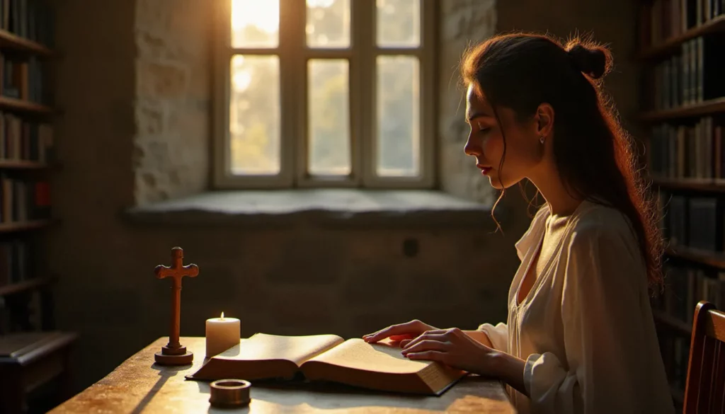 Femme en recueillement devant un vieux livre spirituel dans une lumière matinale, évoquant une spiritualité contemplative et intérieure