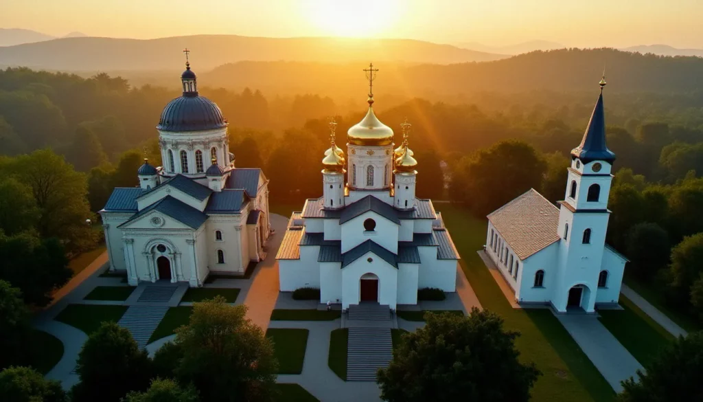 Les trois grandes branches de la religion chrétienne représentées par une cathédrale catholique baroque, une église orthodoxe à coupoles dorées et une église protestante sobre, sous la lumière du matin