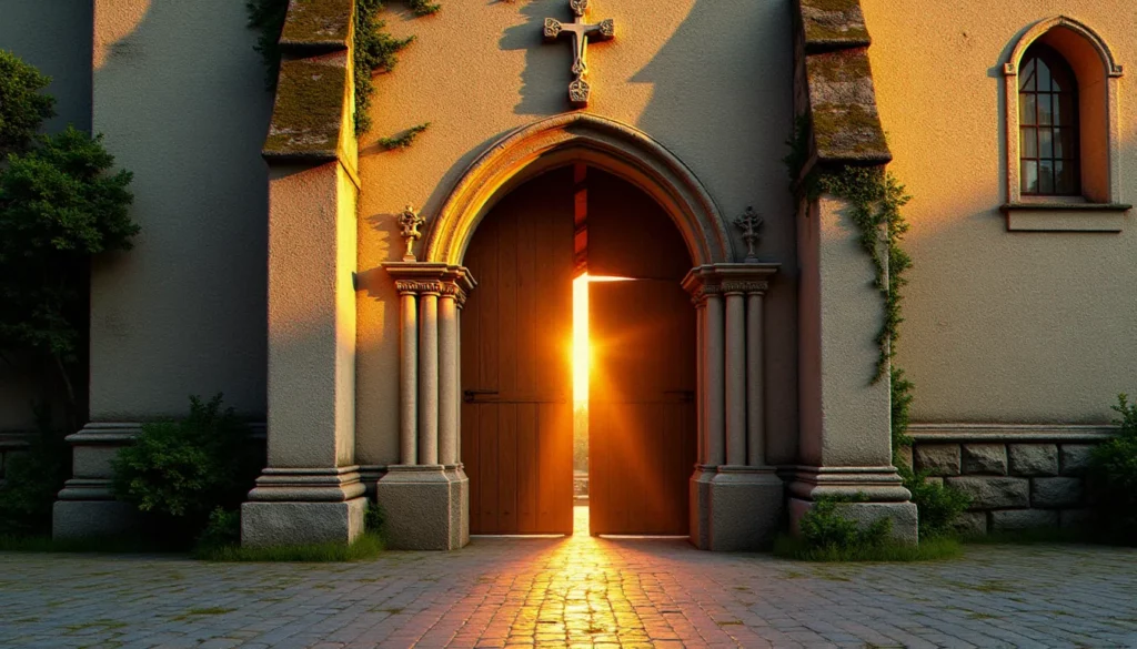 Façade d'une ancienne église romane en pierre avec une croix chrétienne sculptée illuminée par la lumière dorée du coucher de soleil, évoquant les origines et la continuité de la religion chrétienne à travers les siècles