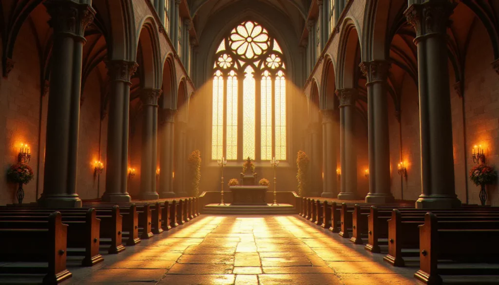 Nef d'une cathédrale gothique française baignée de lumière colorée traversant de grands vitraux anciens, illustrant l'héritage millénaire de la religion chrétienne en France