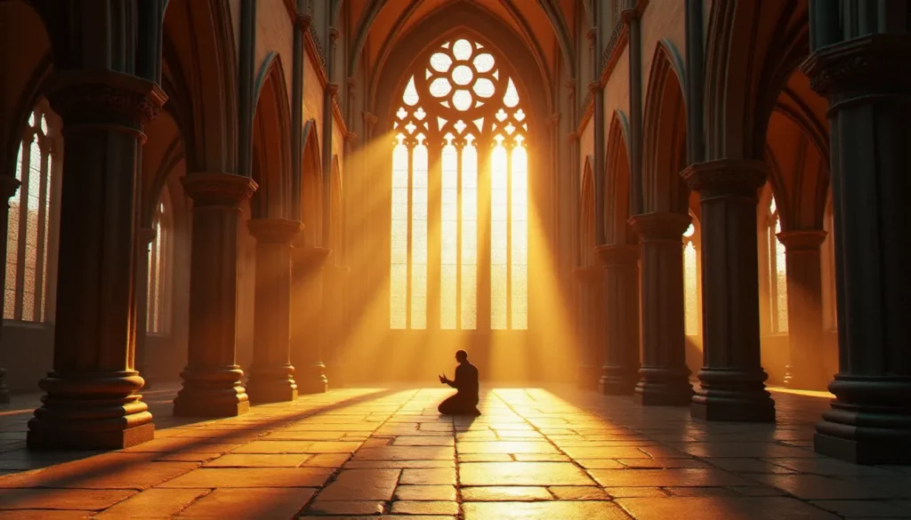 Intérieur d'une cathédrale gothique française baigné de lumière colorée par des vitraux, illustrant la place de la religion chrétienne en France à travers les siècles