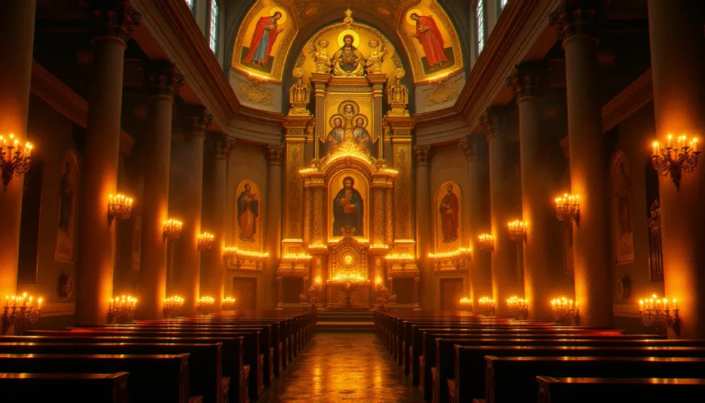 Intérieur d'une église de la religion chrétienne orthodoxe avec iconostase dorée et lumière de cierges dans une atmosphère de prière