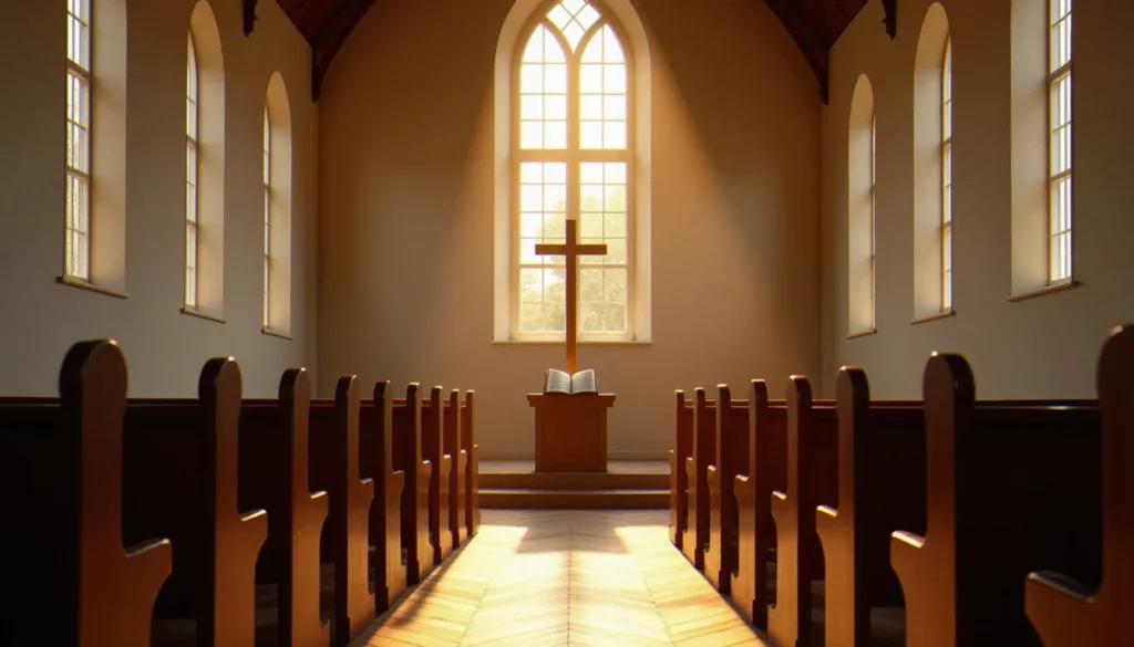 Intérieur d'une église protestante réformée française avec chaire centrale et Bible ouverte, illustrant la religion chrétienne protestante dans son cadre liturgique sobre