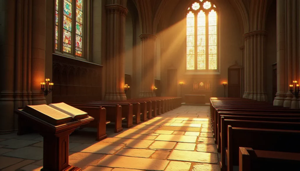 Intérieur d'une cathédrale ancienne baigné de lumière dorée, avec une Bible ouverte sur un lutrin sculpté, illustrant les règles et pratiques fondamentales de la religion chrétienne