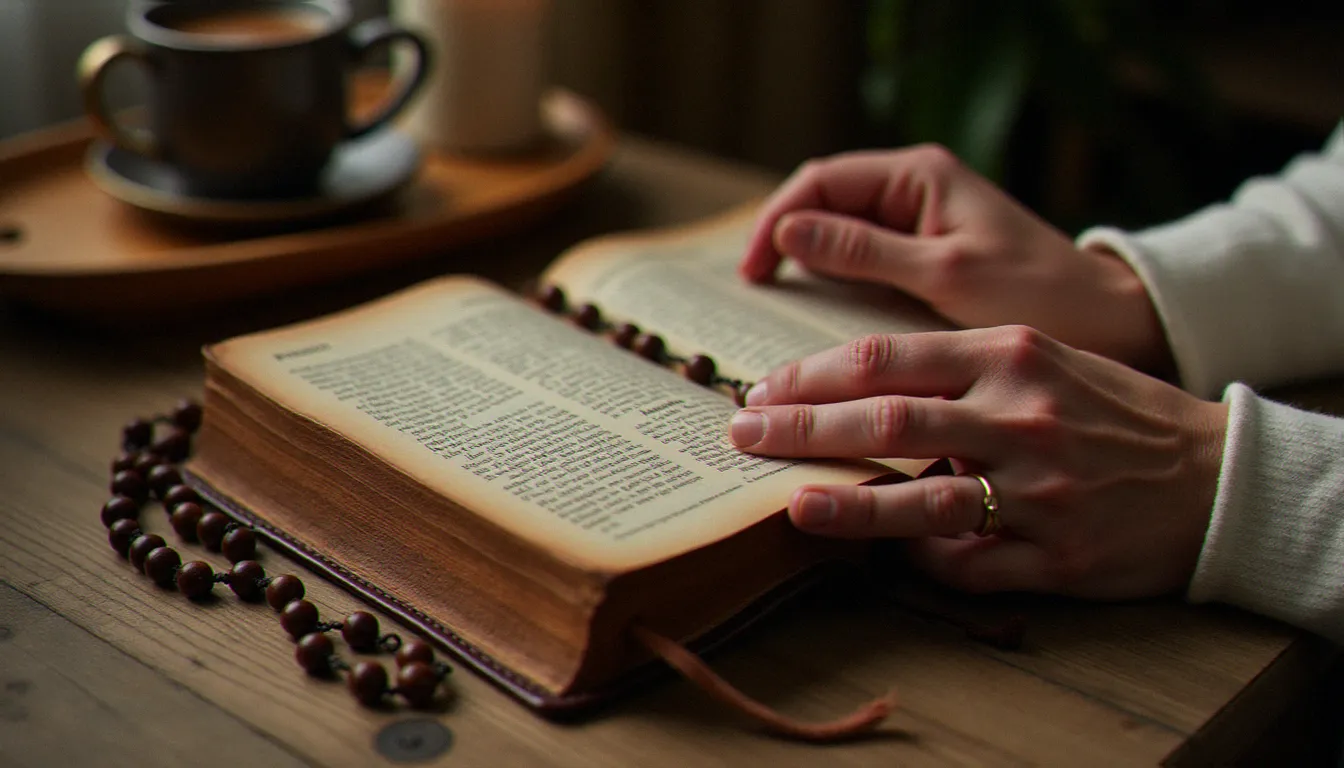 Mains en recueillement tenant une Bible ouverte et un chapelet en bois sur une table, symboles des pratiques spirituelles quotidiennes dans la tradition religieuse chrétienne