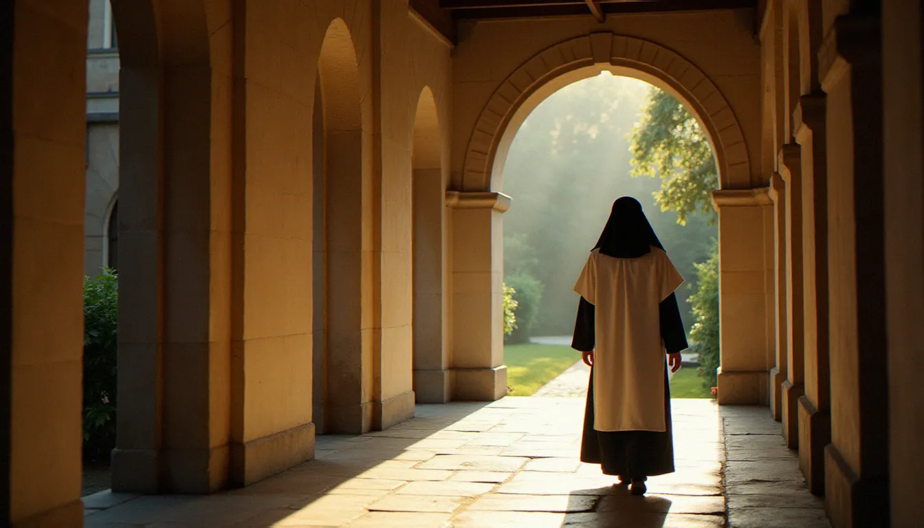 Moine bénédictin en habit marchant en silence dans un cloître ensoleillé, incarnant l'union entre vie religieuse et spiritualité contemplative dans une tradition séculaire