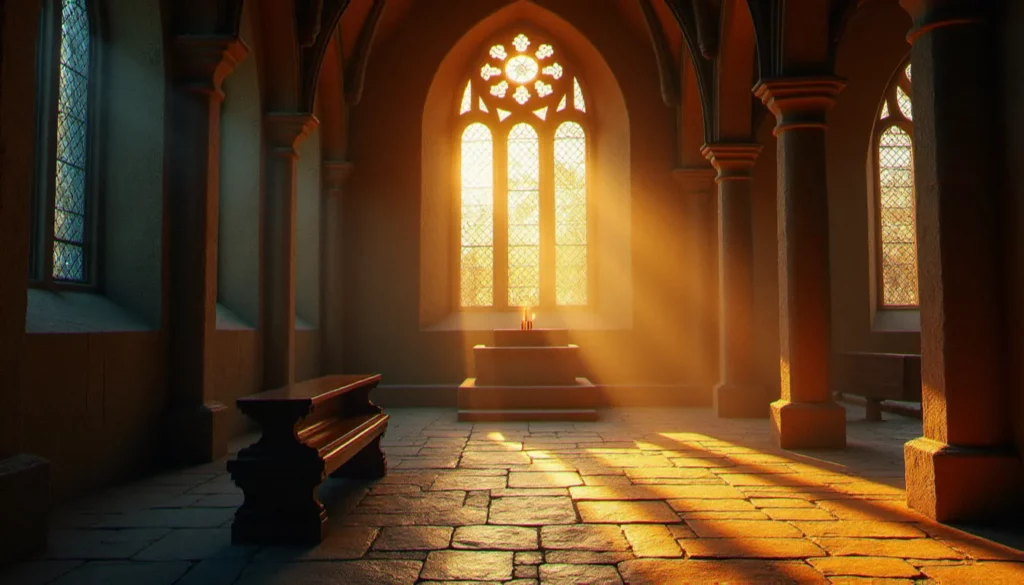 Intérieur d'une chapelle romane baignée de lumière matinale à travers des vitraux colorés, espace de silence évoquant la rencontre entre religion et spiritualité dans la prière