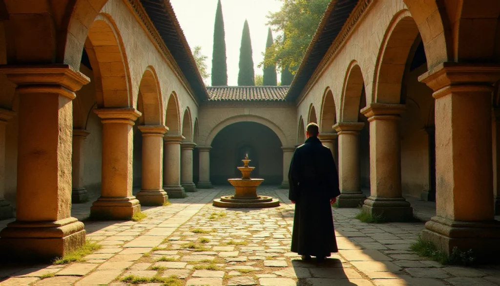 Cloître d'une abbaye bénédictine en France lors d'une retraite spirituelle chrétienne, moine marchant dans la lumière dorée du soir