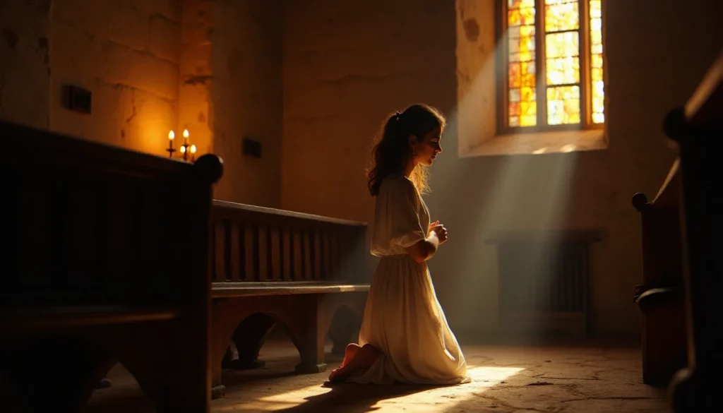 Femme en prière contemplative dans une chapelle romane ancienne illuminée aux chandelles, illustrant la spiritualité chrétienne dans sa dimension intérieure et silencieuse