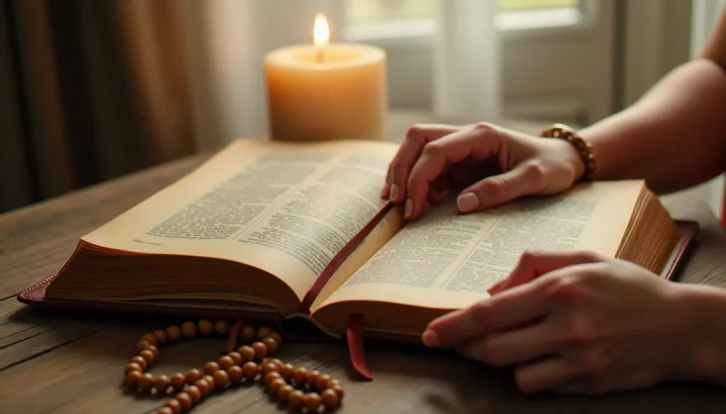 Mains de femme tenant un livre ancien de spiritualité chrétienne ouvert sur une table en bois, avec un chapelet en bois et une bougie allumée en arrière-plan dans une lumière matinale