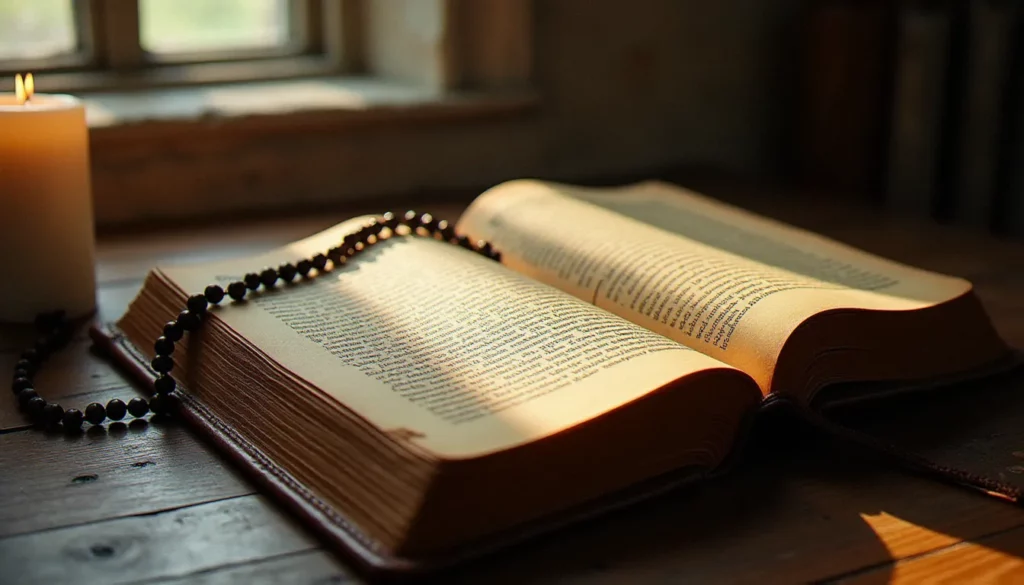Livre ancien de spiritualité chrétienne ouvert sur un bureau en bois avec une bougie allumée, évoquant une ressource de spiritualité chrétienne pdf numérisée depuis des manuscrits originaux