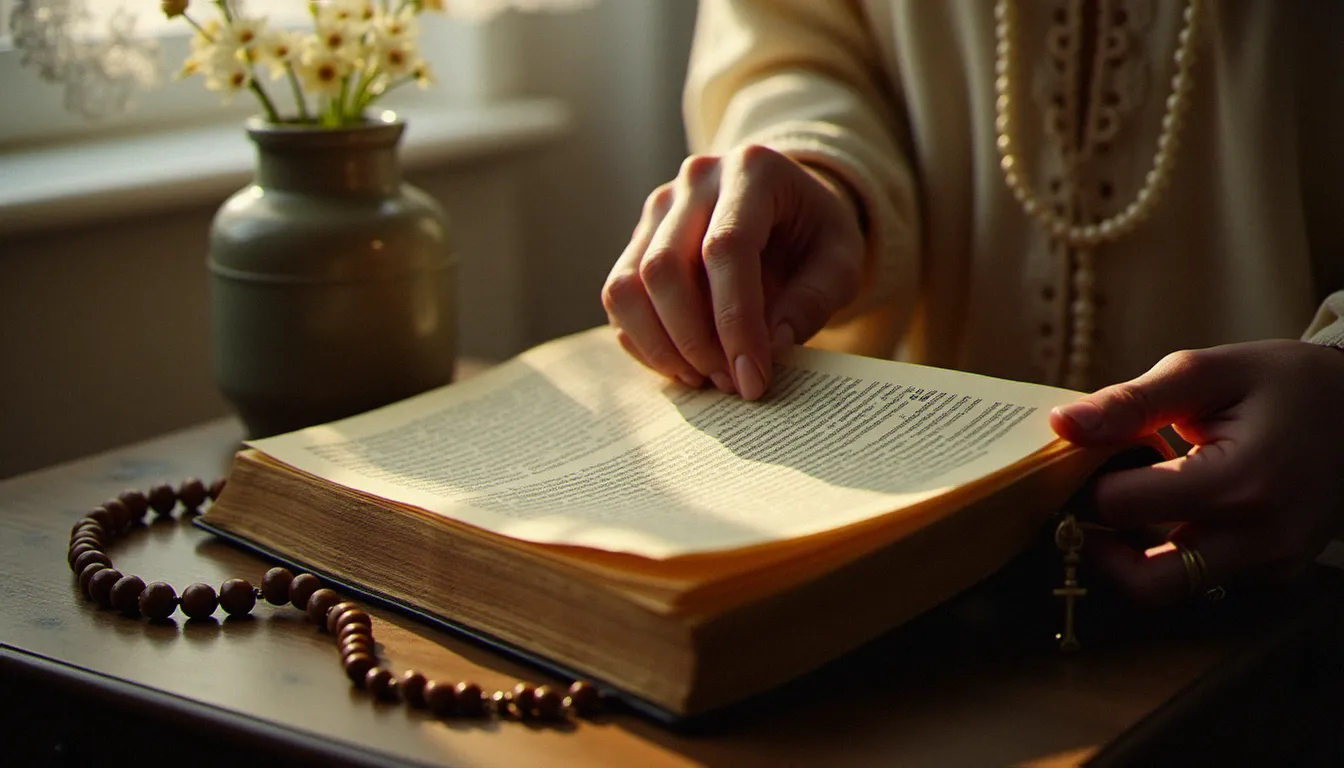 Mains féminines feuilletant un missel bilingue latin-français posé sur une table en bois, évoquant l'approche personnelle et quotidienne de la spiritualité latin ecclésiastique