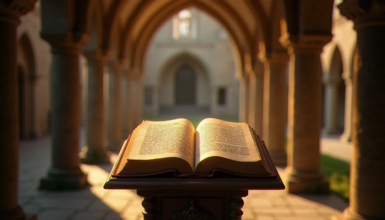 Manuscrit en latin ecclésiastique ouvert sur un lutrin dans un cloître monastique baigné de lumière dorée, illustrant la richesse de la spiritualité latin ecclésiastique