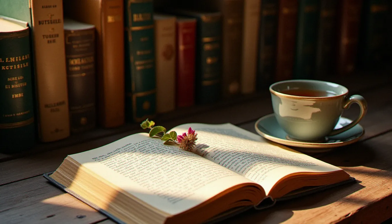 Une bibliothèque en bois avec des livres de spiritualité et de sagesse de diverses traditions, un carnet ouvert avec des notes manuscrites et une tasse de tisane, symbolisant la recherche intérieure propre à la spiritualité sans religion