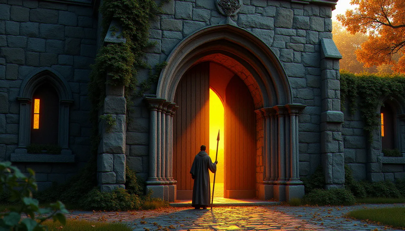 L'entrée d'une chapelle romane ancienne au crépuscule, porte entrouverte laissant filtrer une lumière chaude, un pèlerin solitaire au seuil, illustrant le dialogue possible entre spiritualité sans religion et traditions contemplatives