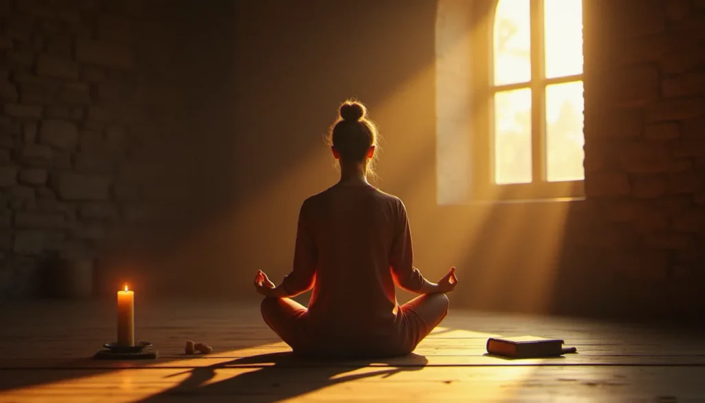 Une personne en recueillement silencieux près d'une fenêtre en arc avec lumière dorée, illustrant la quête de spiritualité sans religion dans un cadre intime et contemplatif