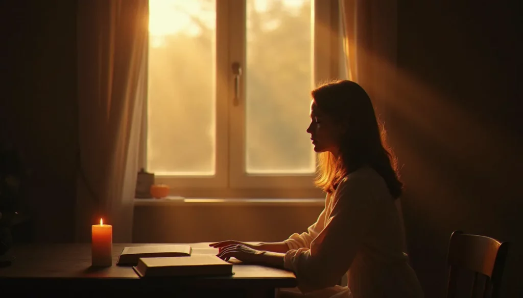 Femme en contemplation silencieuse près d'une fenêtre au lever du jour, illustrant une spiritualité sans contraintes institutionnelles