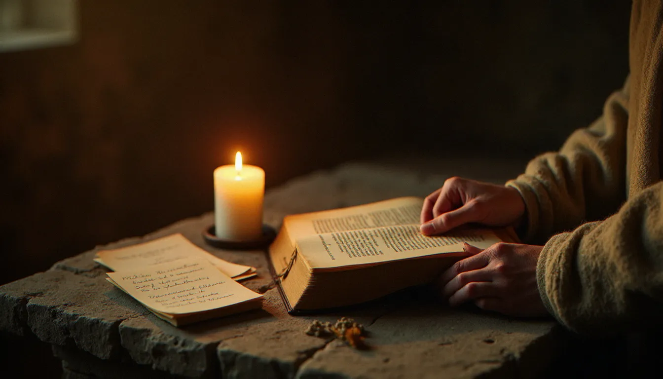 Mains âgées feuilletant un livre de fragments littéraires à la lumière d'une bougie blanche, avec des notes manuscrites évoquant une lecture spirituelle lente et méditée