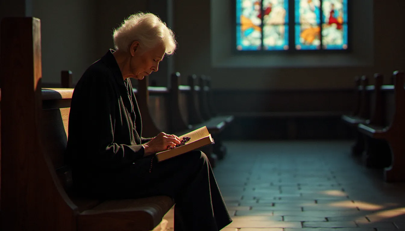 Femme en prière silencieuse sur un banc d'église en pierre, livre fermé sur les genoux et chapelet en mains, dans la lumière colorée et tamisée d'un vitrail