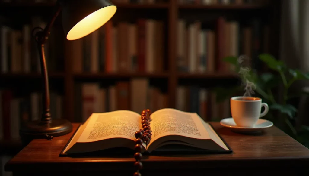 Coin lecture contemplatif avec des livres représentatifs de 2002 en littérature ouverts sur un bureau, chapelet posé sur les pages à la lumière dorée du soir