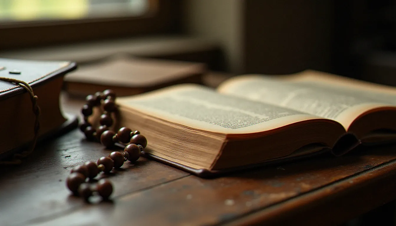 Roman posé sur un bureau en bois à côté d'un chapelet et d'une Bible ouverte, évoquant les débats spirituels suscités par la littérature de 2003