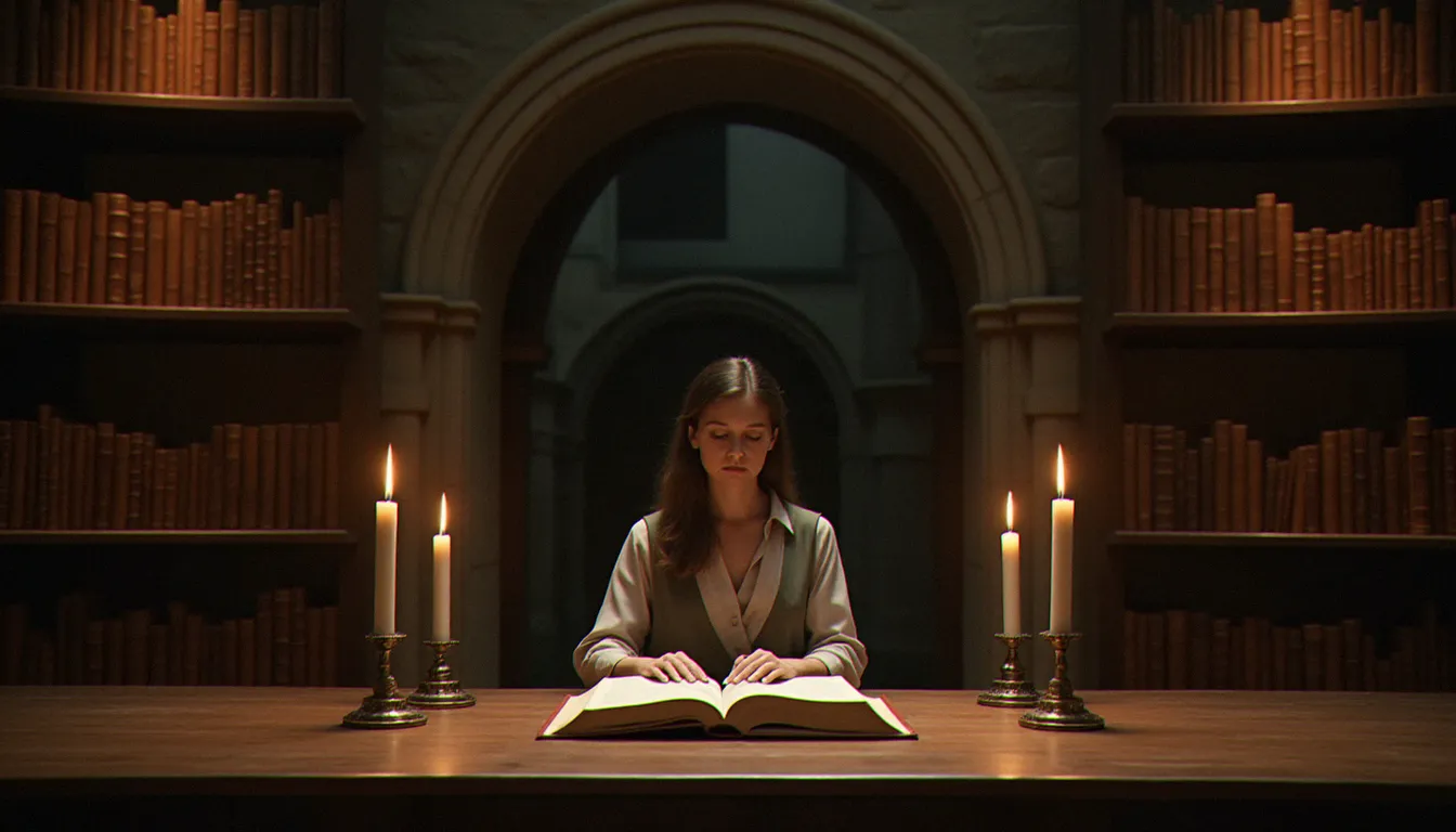 Silhouette contemplative d'une lectrice dans une bibliothèque monastique entourée de livres anciens, illustration de la pratique de la lectio divina et de la recherche spirituelle à travers la littérature