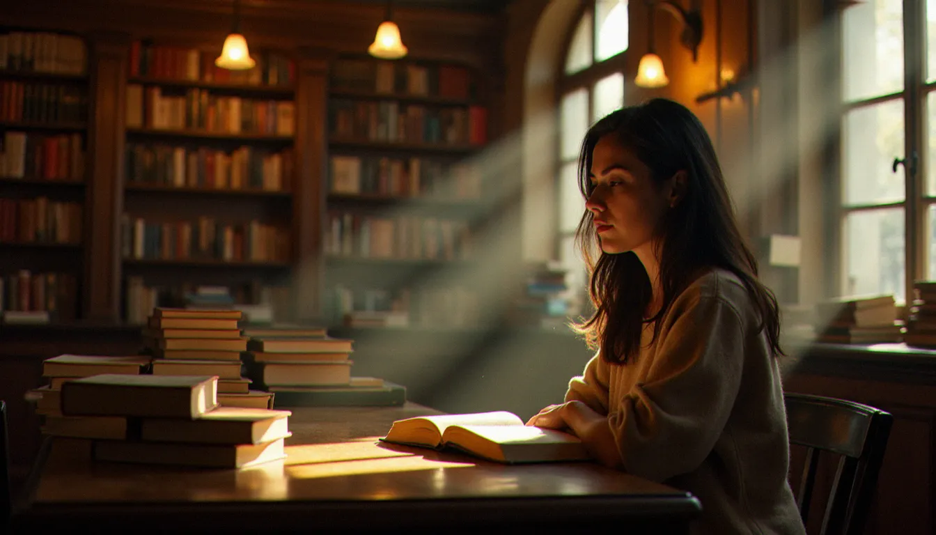 Intérieur d'une librairie française chaleureuse évoquant l'atmosphère de 2003 en littérature, avec des rayonnages chargés de livres et une lectrice plongée dans sa lecture