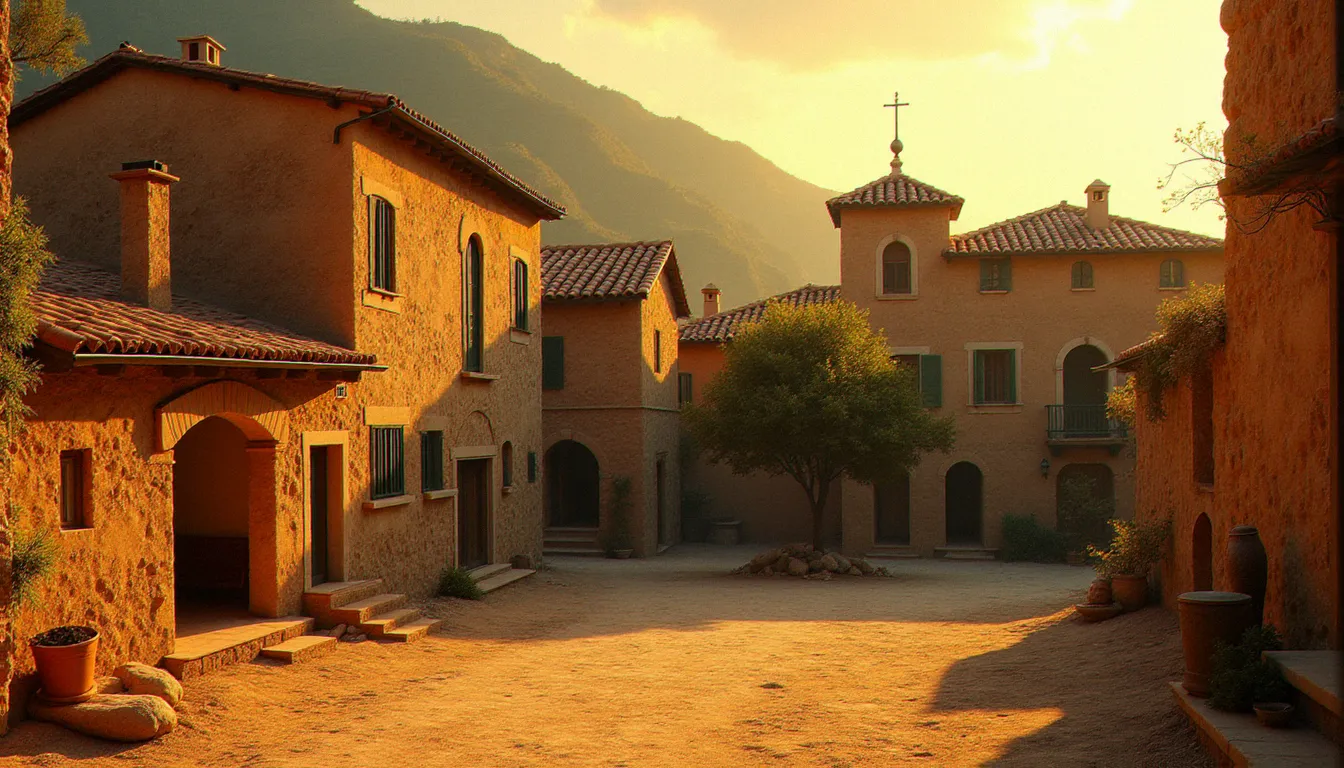 Village du Sud de l'Italie sous un soleil écrasant, paysage aride de pierres et de lumière dorée évoquant l'univers du roman Le Soleil des Scorta de Laurent Gaudé, Prix Goncourt 2004