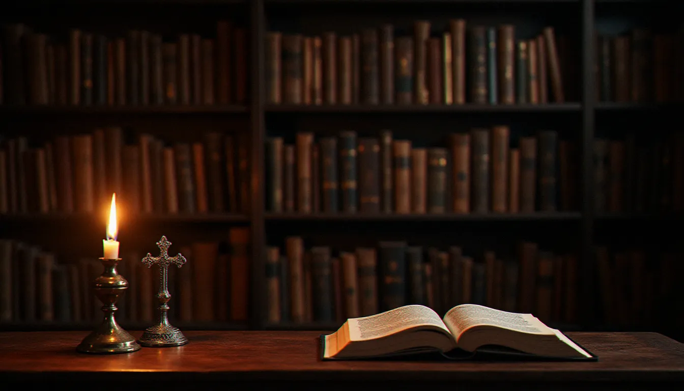 Bibliothèque monastique plongée dans la pénombre du soir, symboles spirituels chrétiens et juifs côte à côte sur un bureau de lecture, évoquant le dialogue interreligieux au cœur de la littérature spirituelle de 2004