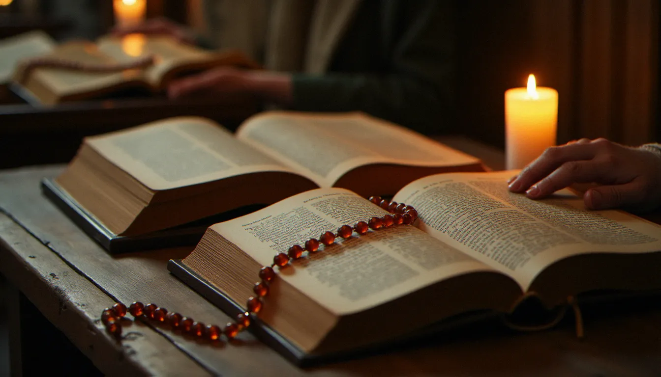 Livres religieux anciens ouverts sur une table en bois avec un chapelet, évocateurs de la production littéraire spirituelle catholique de l'année 2005
