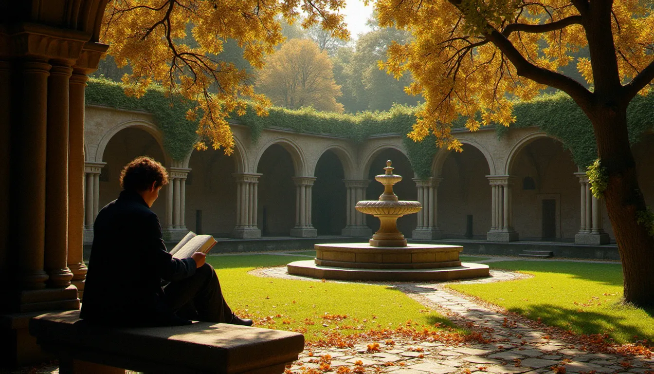 Personne lisant seule dans un cloître monastique en automne sous la lumière tamisée, illustration du recueillement intérieur inspiré par les grandes parutions spirituelles de 2005