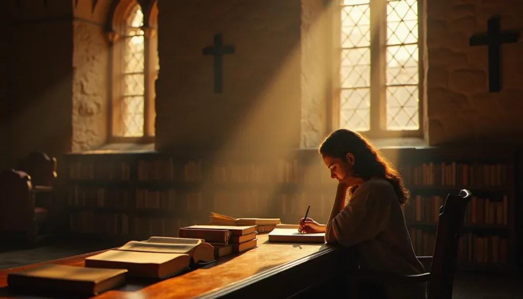Une lectrice dans une bibliothèque monastique baignée de lumière dorée, entourée de livres spirituels, illustration de la richesse de la littérature de 2005 en matière spirituelle