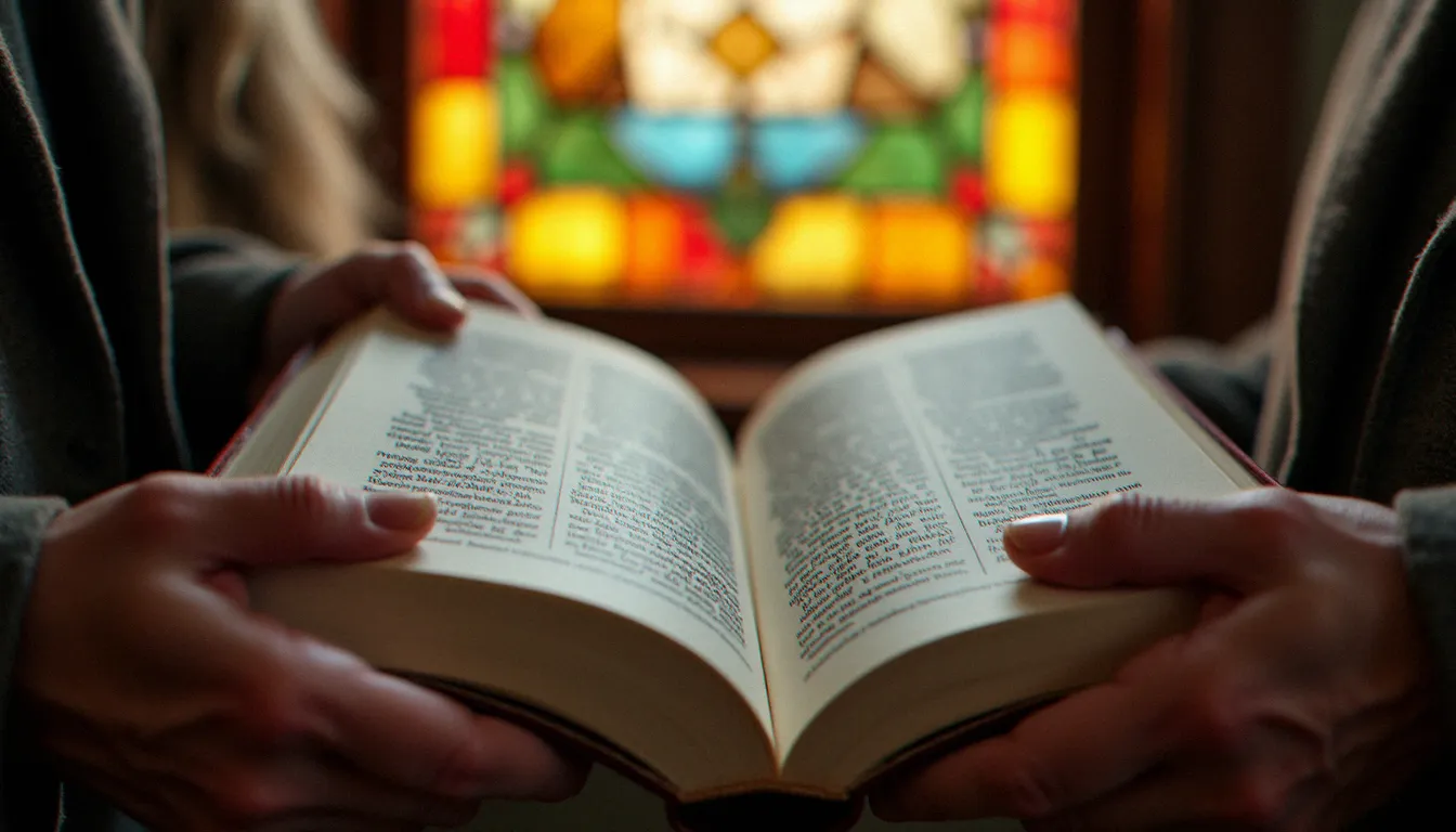 Mains tenant un livre théologique ouvert près d'un vitrail, évoquant la lecture méditante de Jésus de Nazareth de Benoît XVI, parution marquante de 2007 en littérature