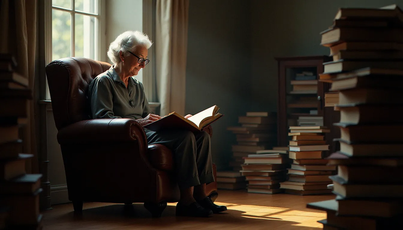 Femme âgée lisant dans un fauteuil entouré de livres dans une lumière d'après-midi, évoquant la figure de Doris Lessing, lauréate du Prix Nobel de littérature 2007