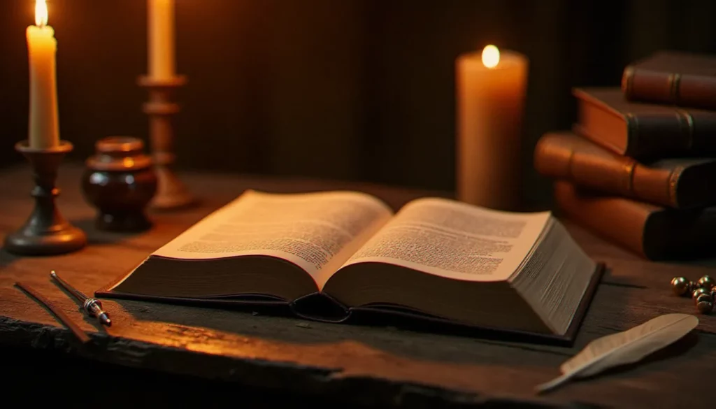 Bureau en bois éclairé à la bougie avec un livre ouvert évoquant la richesse de la littérature spirituelle de l'année 2007