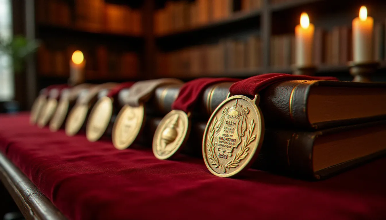 Médailles et livres primés disposés sur du velours rouge dans une librairie française ancienne, illustrant les grands prix littéraires de l'année 2009