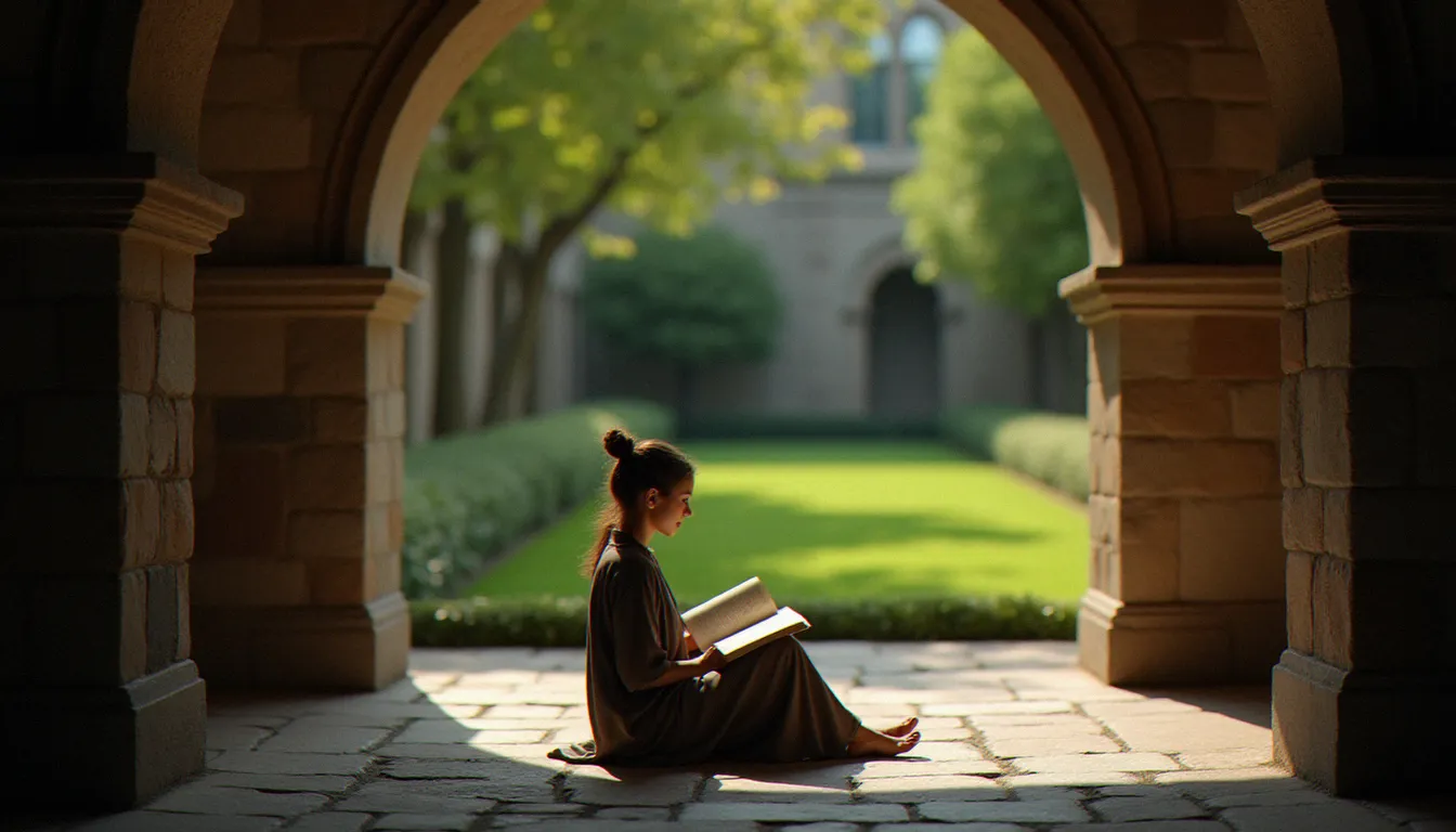 Une femme lisant seule dans un cloître monastique éclairé par une douce lumière, illustrant la pratique de la lectio divina appliquée aux grandes œuvres de 2009 en littérature