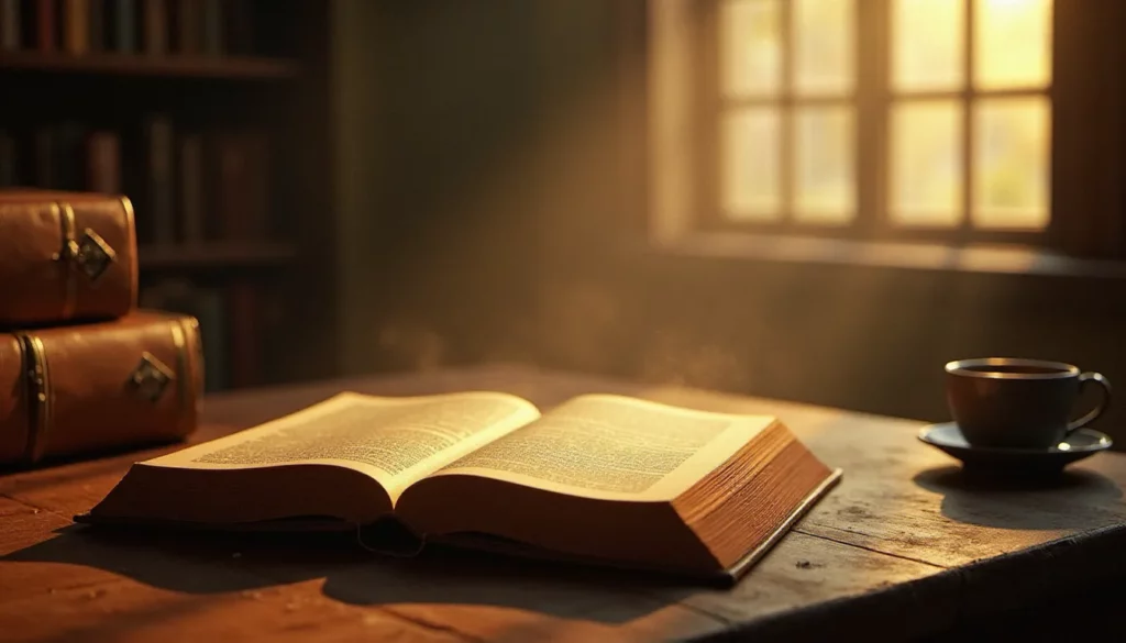 Un livre ouvert sur une table de bibliothèque ancienne entouré d'ouvrages, évoquant la richesse de 2009 en littérature et la lecture contemplative