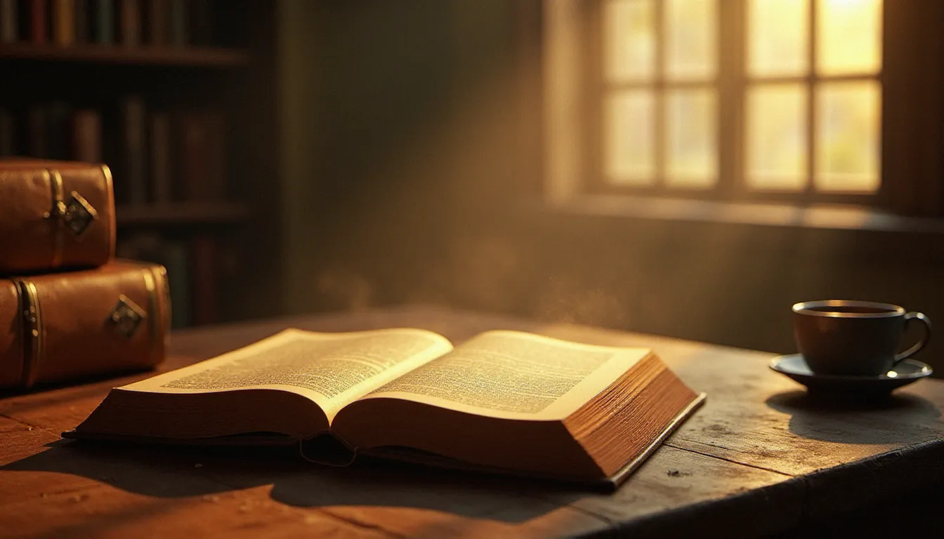 Un livre ouvert sur une table de bibliothèque ancienne entouré d'ouvrages, évoquant la richesse de 2009 en littérature et la lecture contemplative