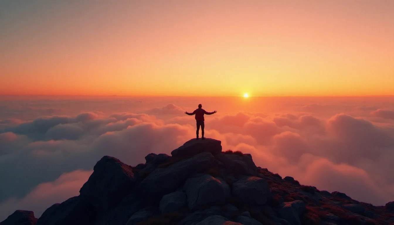 Randonneur solitaire au sommet d'une montagne face à un horizon sans fin au coucher du soleil, dans une posture d'ouverture et d'émerveillement illustrant l'expérience de transcendance que décrit Abraham Maslow au sommet de sa pyramide des besoins