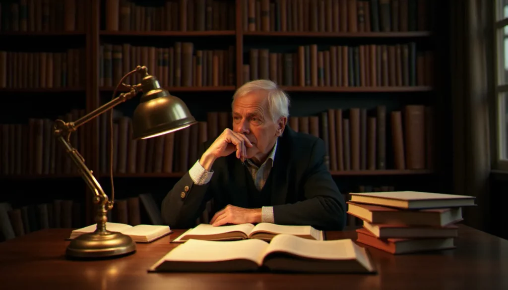 Bureau de chercheur avec livres ouverts et notes manuscrites sous la lumière d'une lampe dorée, évoquant la réflexion intellectuelle et spirituelle d'Abraham Maslow sur les besoins humains et la transcendance