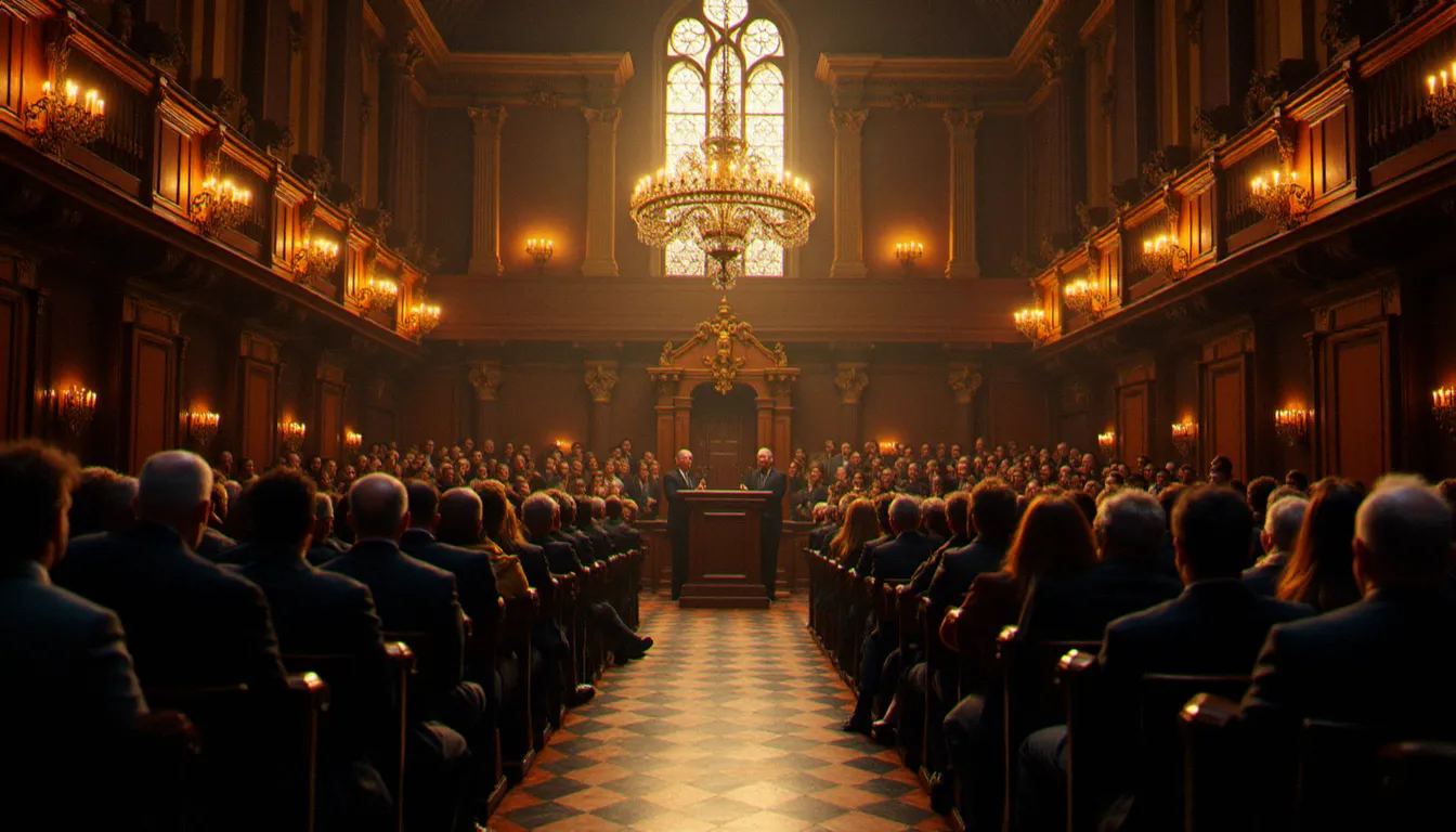 Grande salle du Temple de l'Étoile à Paris accueillant un débat public entre croyants et philosophes athées, avec une assemblée nombreuse et attentive