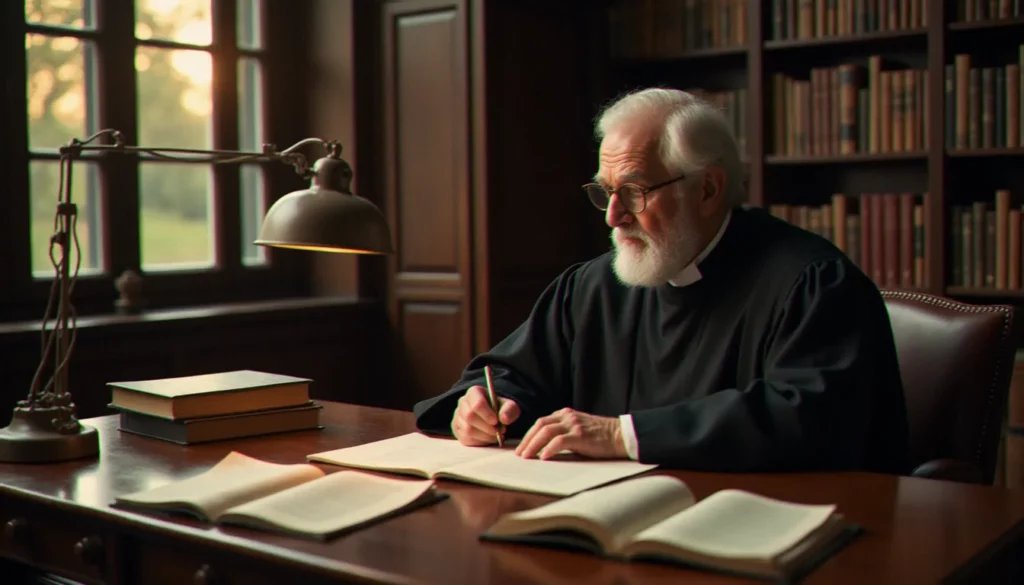 Portrait d'un théologien protestant âgé dans sa bibliothèque studieuse, évoquant la figure d'Alain Houziaux entouré de livres de théologie et de philosophie