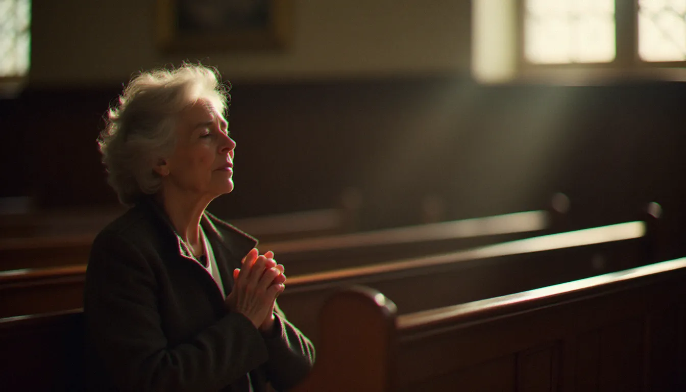 Femme âgée en prière dans une église, illustrant le concept de mode mineur et de présence ordinaire décrit par Albert Piette dans ses recherches anthropologiques