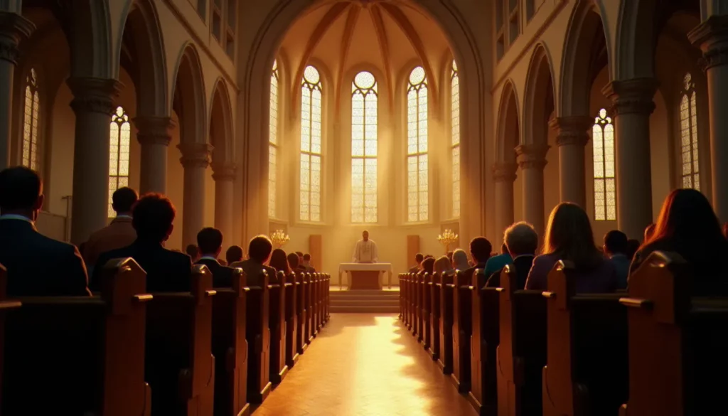 Intérieur d'une église catholique française pendant la messe dominicale, illustrant la pratique religieuse ordinaire étudiée par Albert Piette