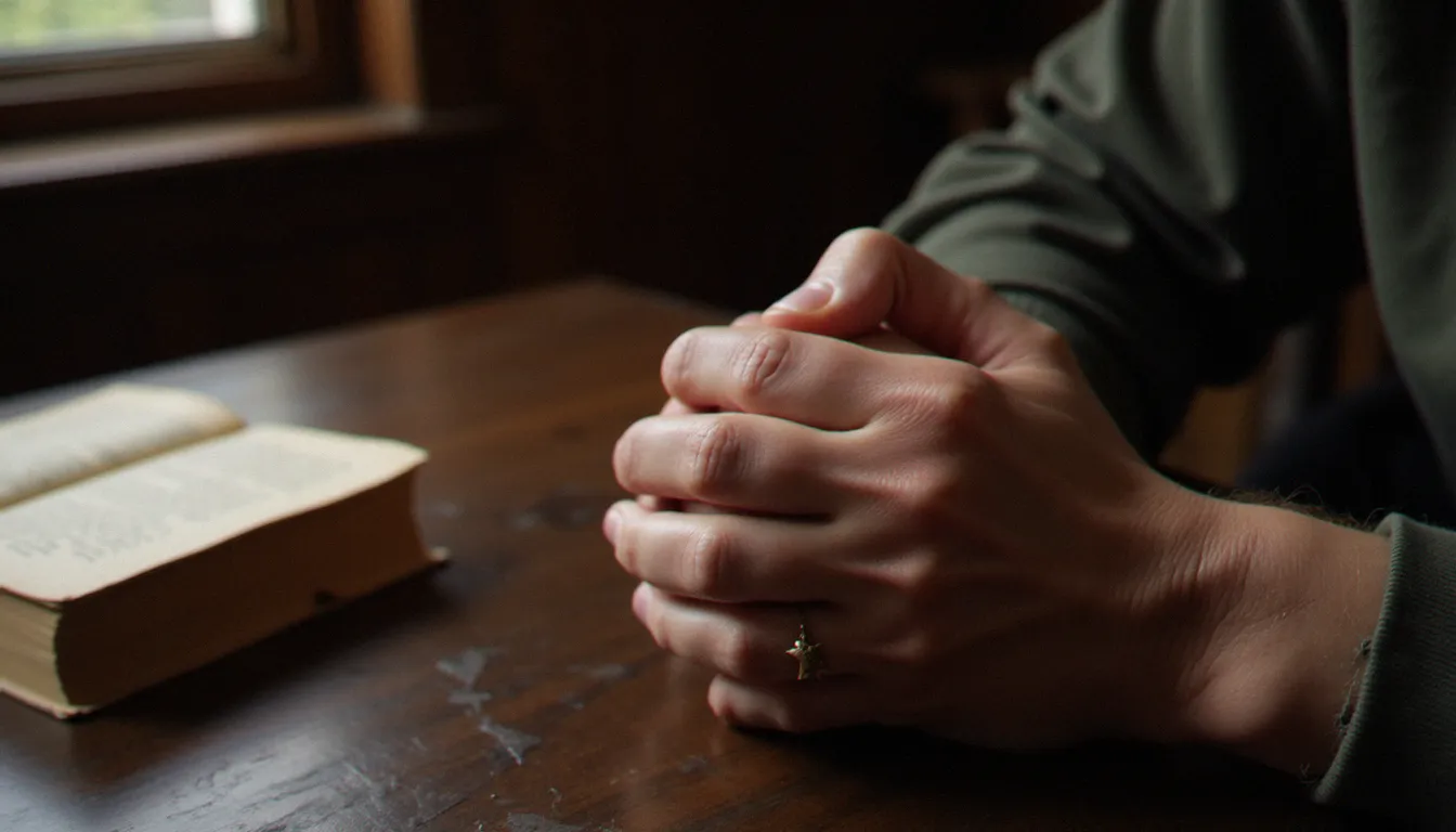 Mains jointes en prière sur une table en bois sombre, lumière naturelle tamisée et livre usé à proximité, dans une atmosphère recueillie liée à la démarche spirituelle des alcooliques anonymes