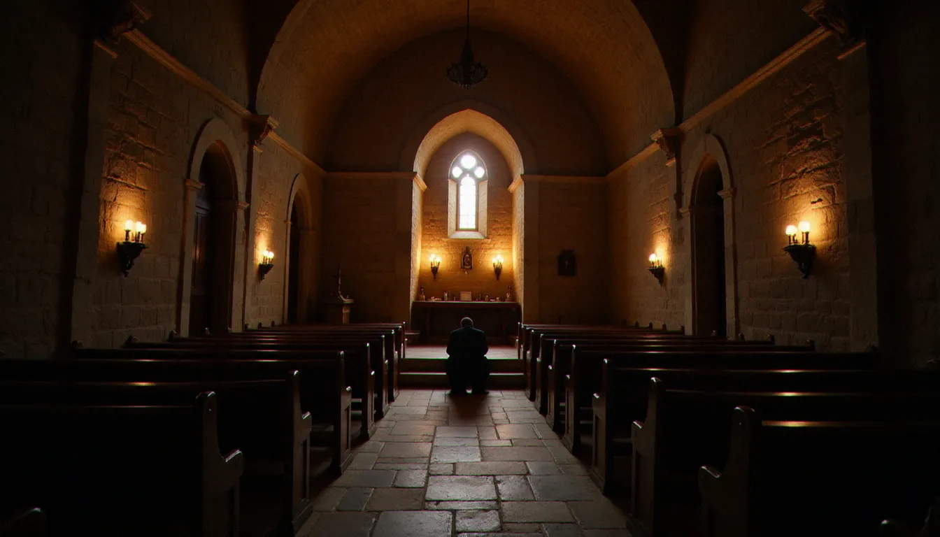 Intérieur d'une chapelle en pierre ancienne avec une silhouette solitaire recueillie sur un banc, lumière dorée de bougies, évoquant la méditation et le chemin intérieur des 12 étapes des alcooliques anonymes